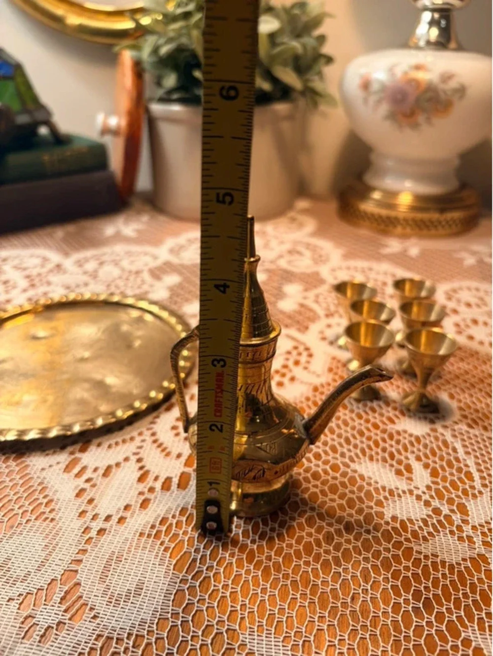 Vintage Miniature Brass Arabic Dallah Coffee Set Tray 6 Goblets